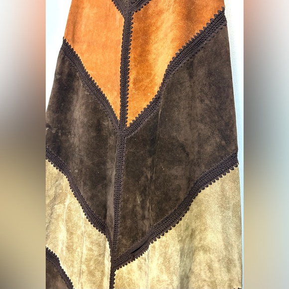 VTG 70s Saks Fifth Avenue Patchwork Suede Maxi Skirt Boho Hippie Chevron Small - Picture 6 of 16